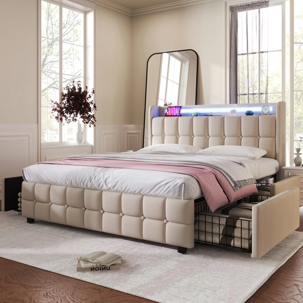 Letto imbottito con USB e luce LED - Zephmum- 4 cassetti, 180x200cm, beige