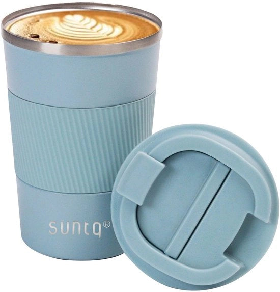 Moka per viaggio a termo in acciaio inossidabile 380 ml Moka termico con manico in gomma Isolato a doppia parete - Caffettiera con tappo ermetico riutilizzabile Celeste