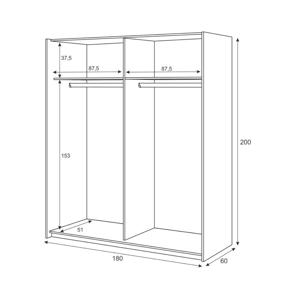 Guardaroba Ainu, Armadio per camera da letto a 2 ante scorrevoli, Mobile con barra appendiabiti e 3 ripiani, cm 180X60h200, Bianco e Rovere