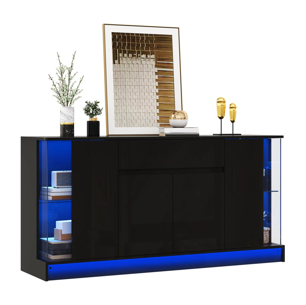 Credenza moderna con 2 vetrine in vetro; LED con app; 150x40x75 cm; nero