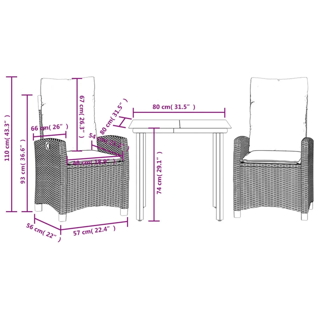 Set da Pranzo da Giardino 3 pz con Cuscini Beige in Polyrattan