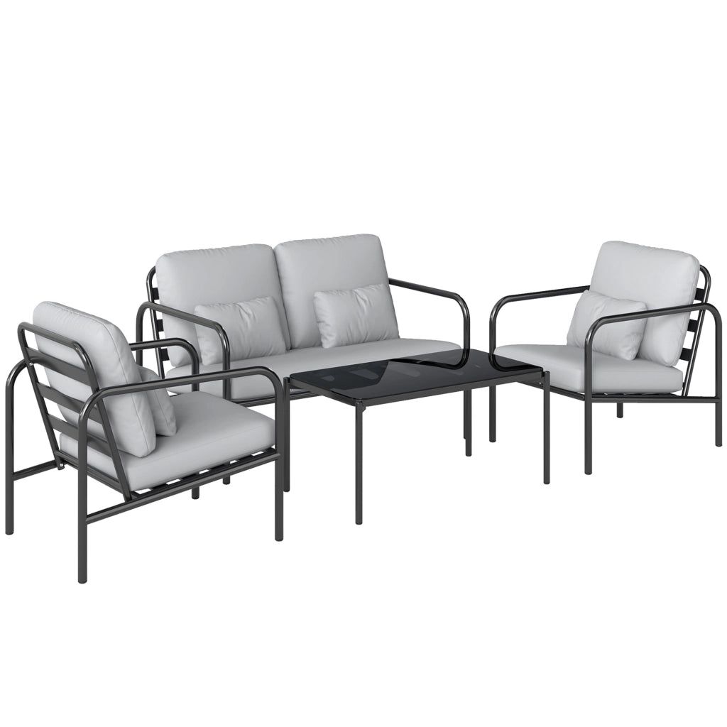 Set 4 Pezzi Salotto da Giardino con Divano 2 Posti 2 Poltrone e Tavolino in Acciaio Grigio Chiaro