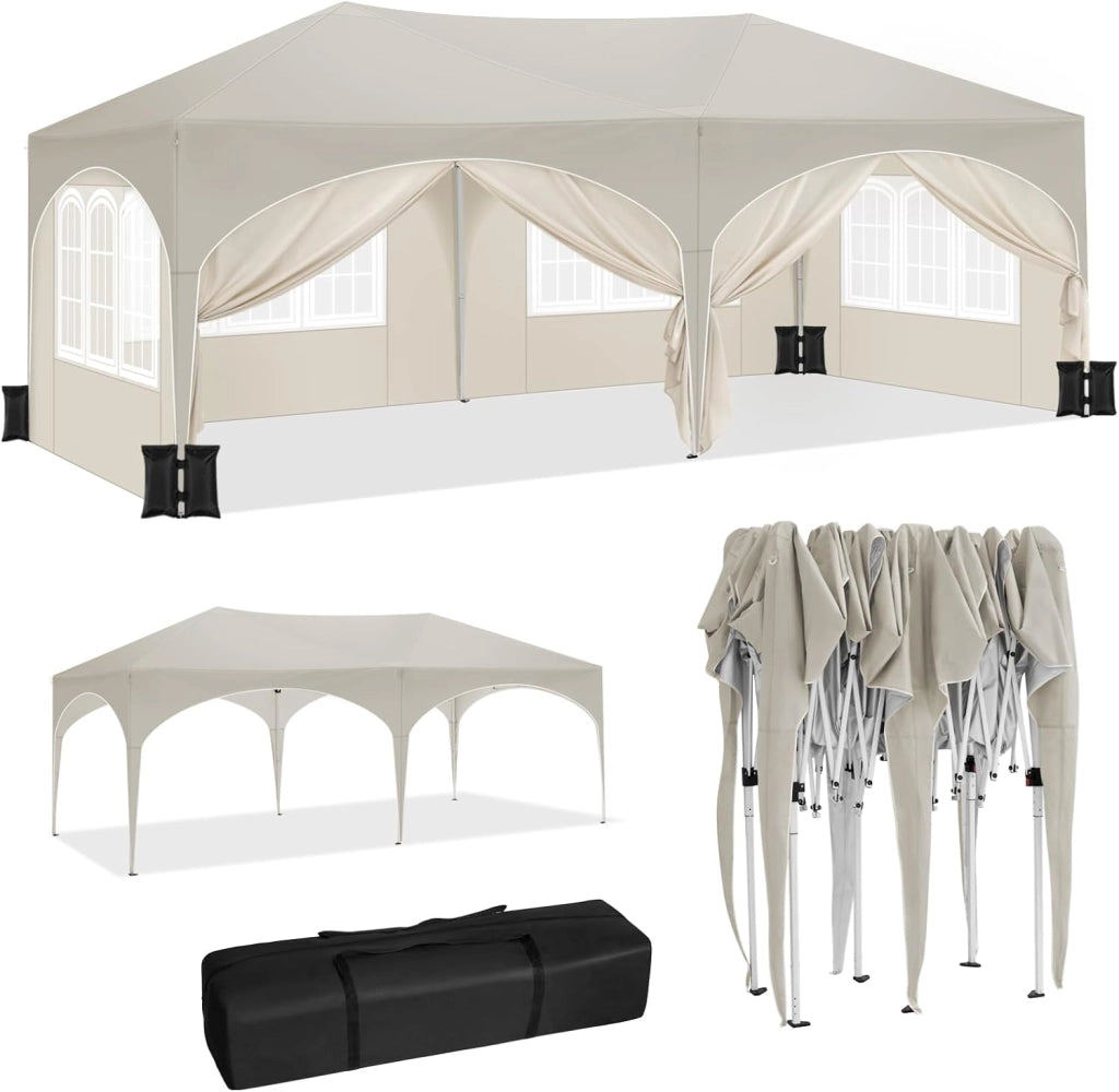 Gazebo Pieghevole da Giardino, Gazebo Idrorepellente Pop Up da 3x6m con Pannelli Laterali, Tendone da Esterno, Altezza Regolabile,Set di 4 Sacchi di Sabbia,con Custodia Beige