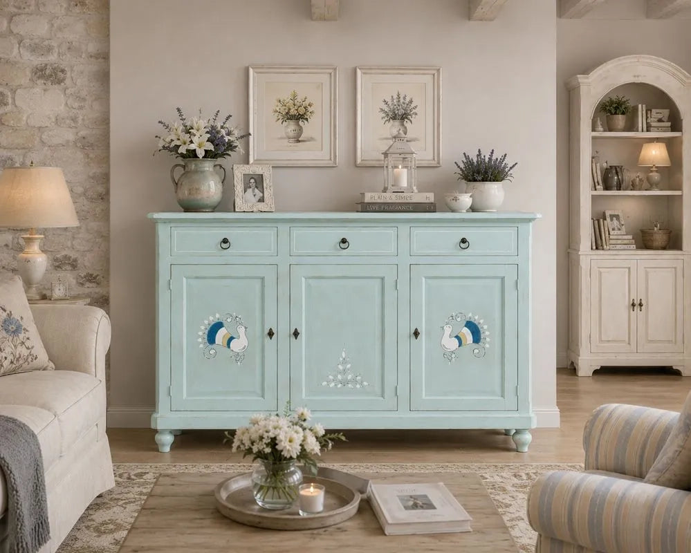 Credenza shabby verde vintage 3 porte 3 cassetti in legno 150x43x98 - Mobili 2G