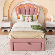 LETTO Singolo 90x200 cm in Velluto Rosa con LED, testiera regolabile e cassetto