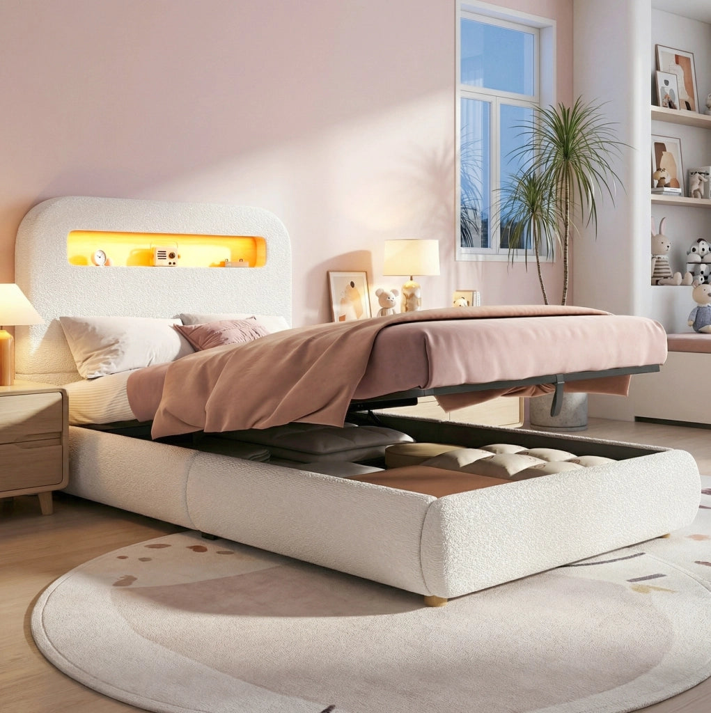 Letto imbottito con contenitore e LED in bouclé bianco
