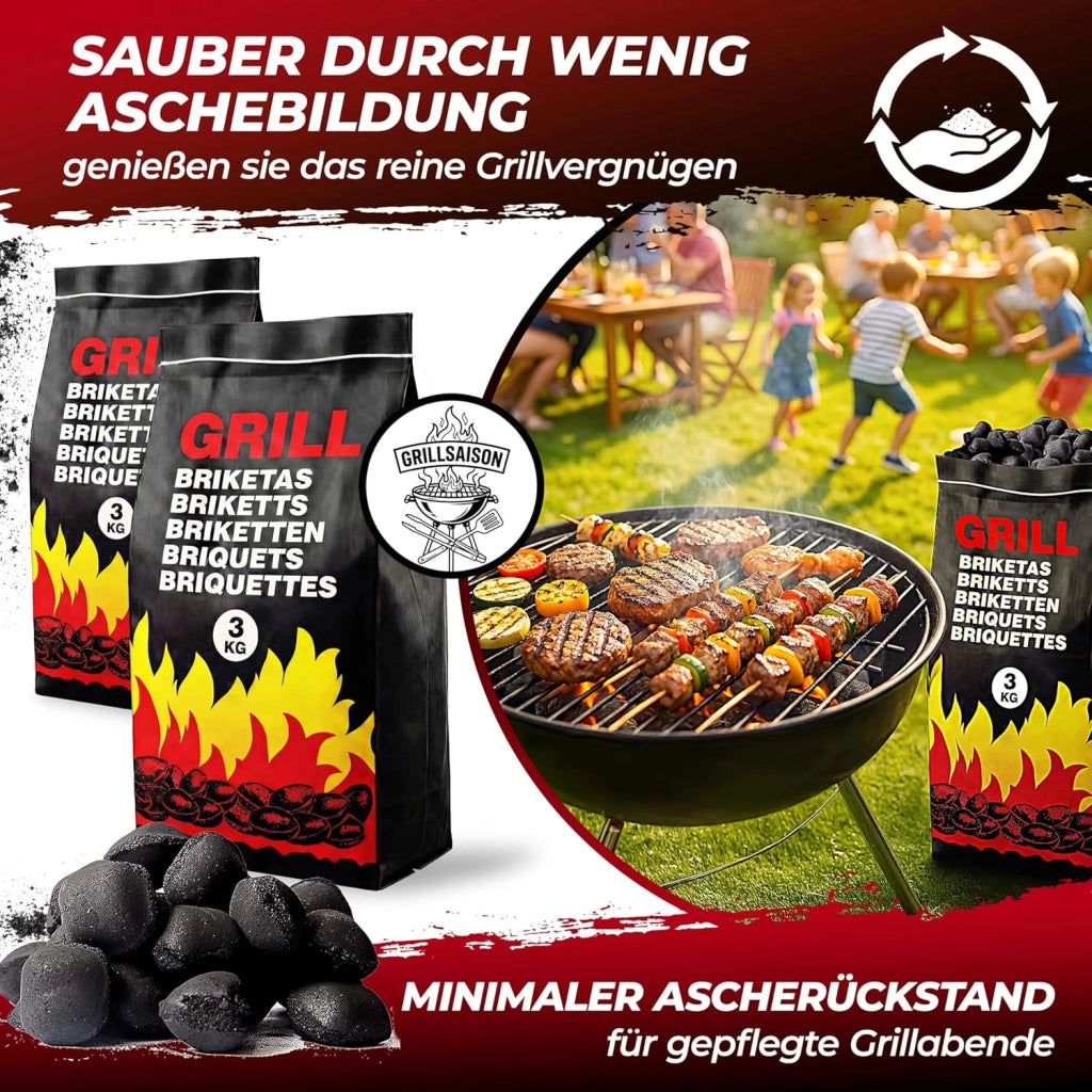 ® Carbonella per Barbecue 27kg 9 Sacchetti da 3 kg Bricchetti Carbone per Grigliare BBQ Bricchette Grigliata Brace