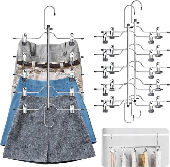 Hangers per spazio ridotto con 2 ganci e clip regolabili per pantaloni e gonne - Set da 3
