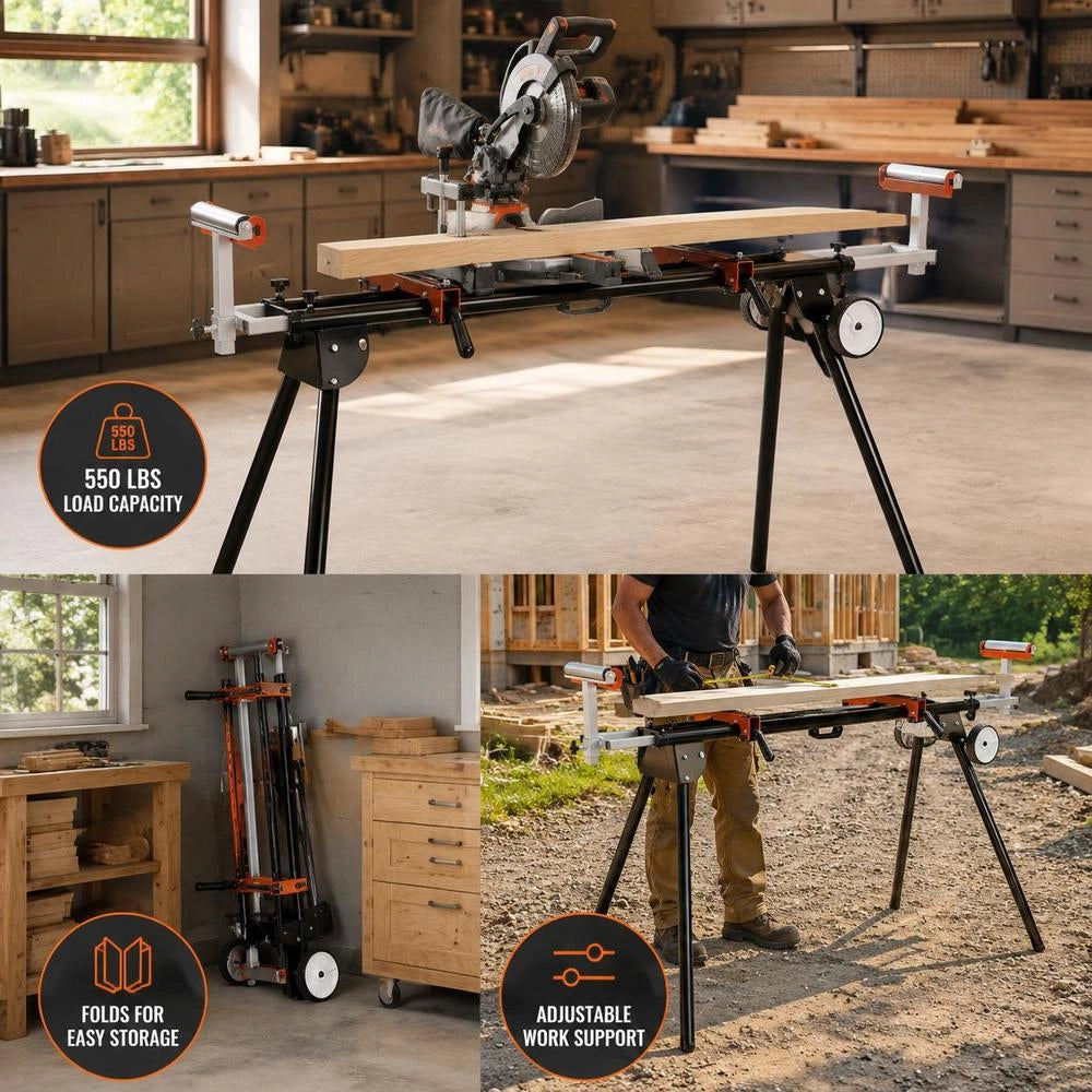 Miter Saw Stand, 250 Kg Load Capacity, Foldable Steel Stand For Miter Saws With One-piece Mounting Clamps, Adjustable Height & Length, Portable Miter Saw Stand