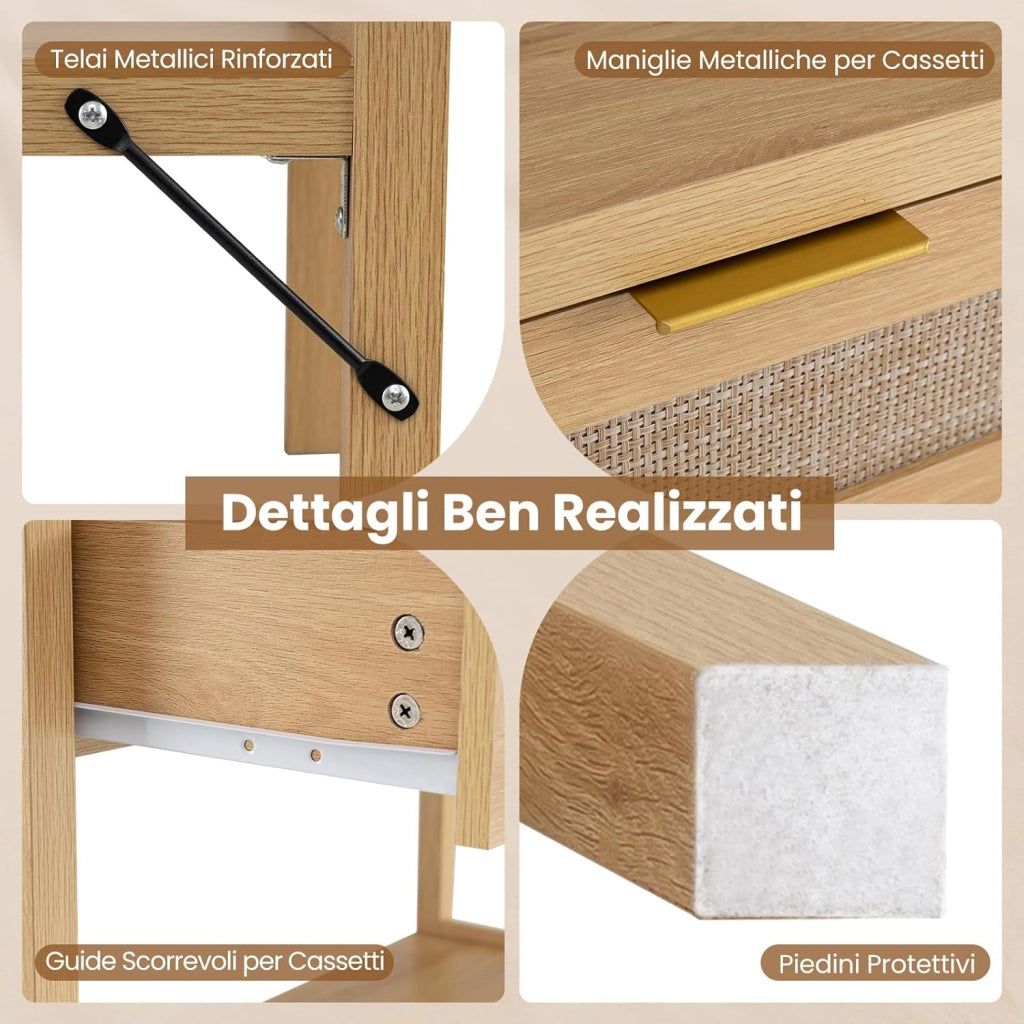 Tavolo Consolle, Tavolino da Divano in Legno con Doppio Cassetto, Ripiano Inferiore e Ampio Piano, Kit Antiribaltamento, Consolle per Ingresso, Corridoio e Soggiorno (Naturale)