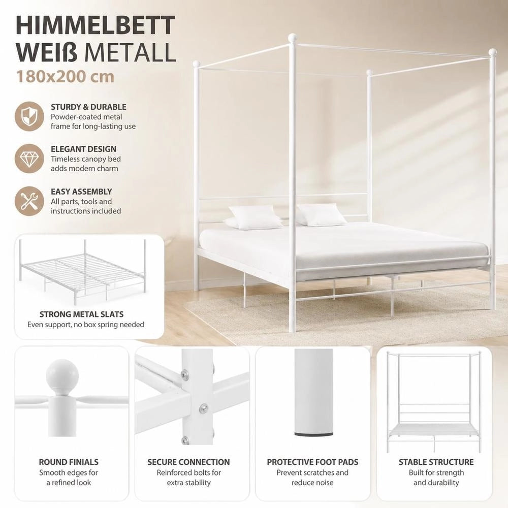 Canopy Bed White Metal 180x200 Cm