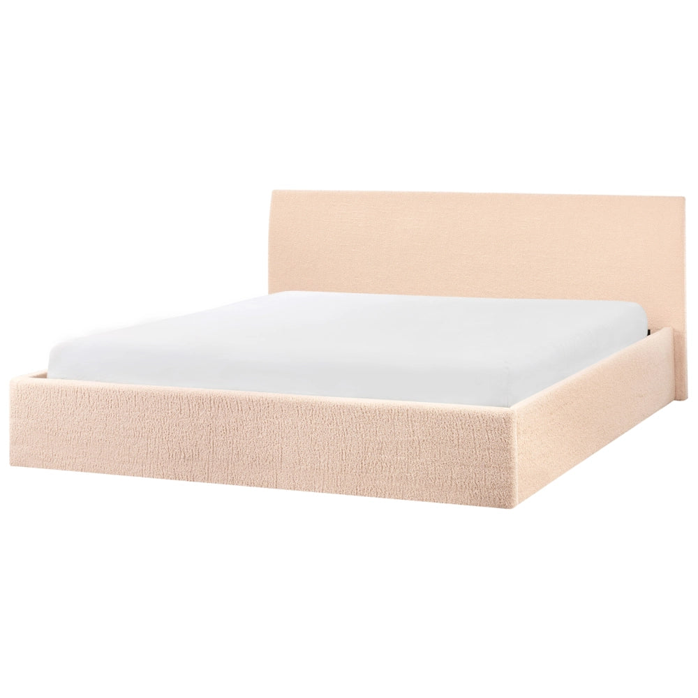 Letto imbottito in bouclé beige 180 x 200 cm con contenitore per testiera rialzata