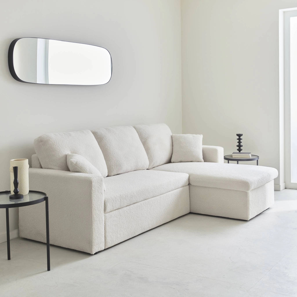 Divano letto angolare reversibile in bouclé, 3 posti, crema