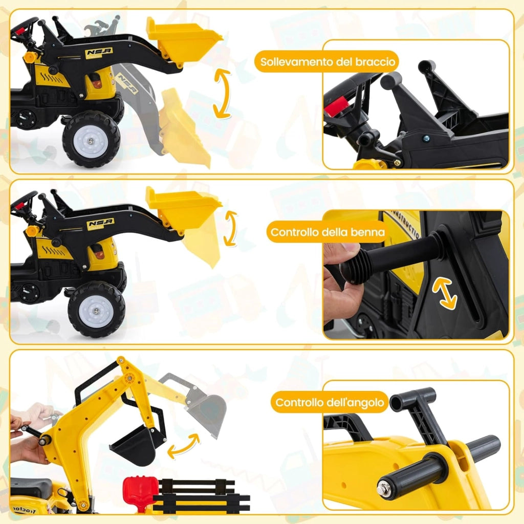 3 in 1 Escavatore per Bambini, Trattore con Rimorchio Staccabile Cavalcabile per Bambini, con 6 Ruote e 2 Benne, per 3-6 Anni (Giallo)