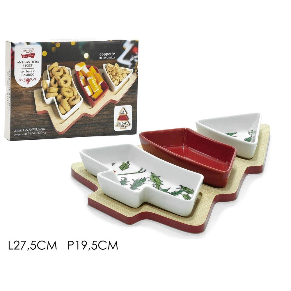 Trade Shop - Antipastiera A 3 Scomparti In Bianco Rosso Agrifoglio Albero Di Natale Decorazione Tavola -