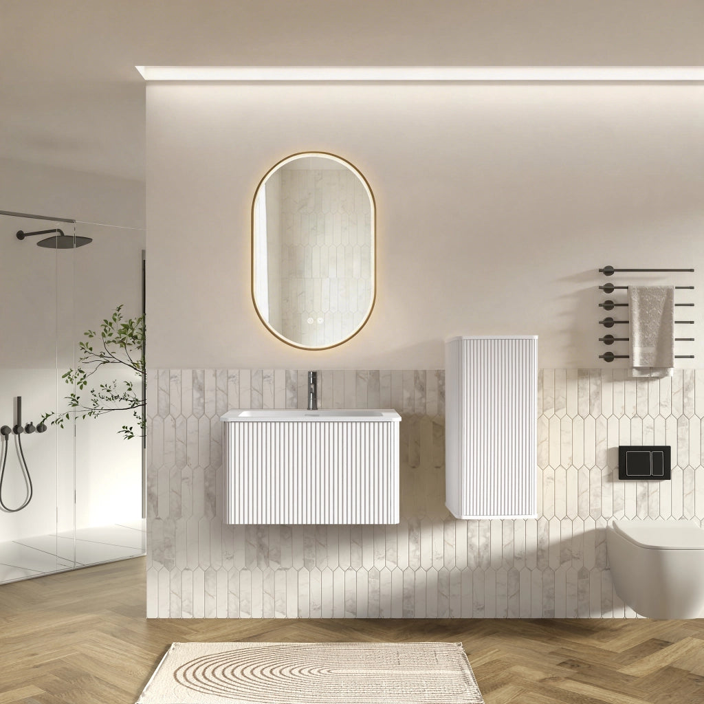 Mobile bagno sospeso con lavabo; colonna bagno e specchio con LED e funzione antiappannamento per bagno; bianco