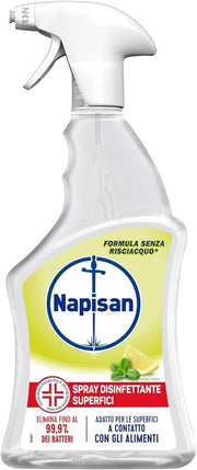 NAPISAN SPRAY DISINFETTANTE MULTISUPERFICI LIMONE E MENTA 740 ML ELIMINA 99,9% BATTERI PER SUPERFICI A CONTATTO CON ALIMENTI