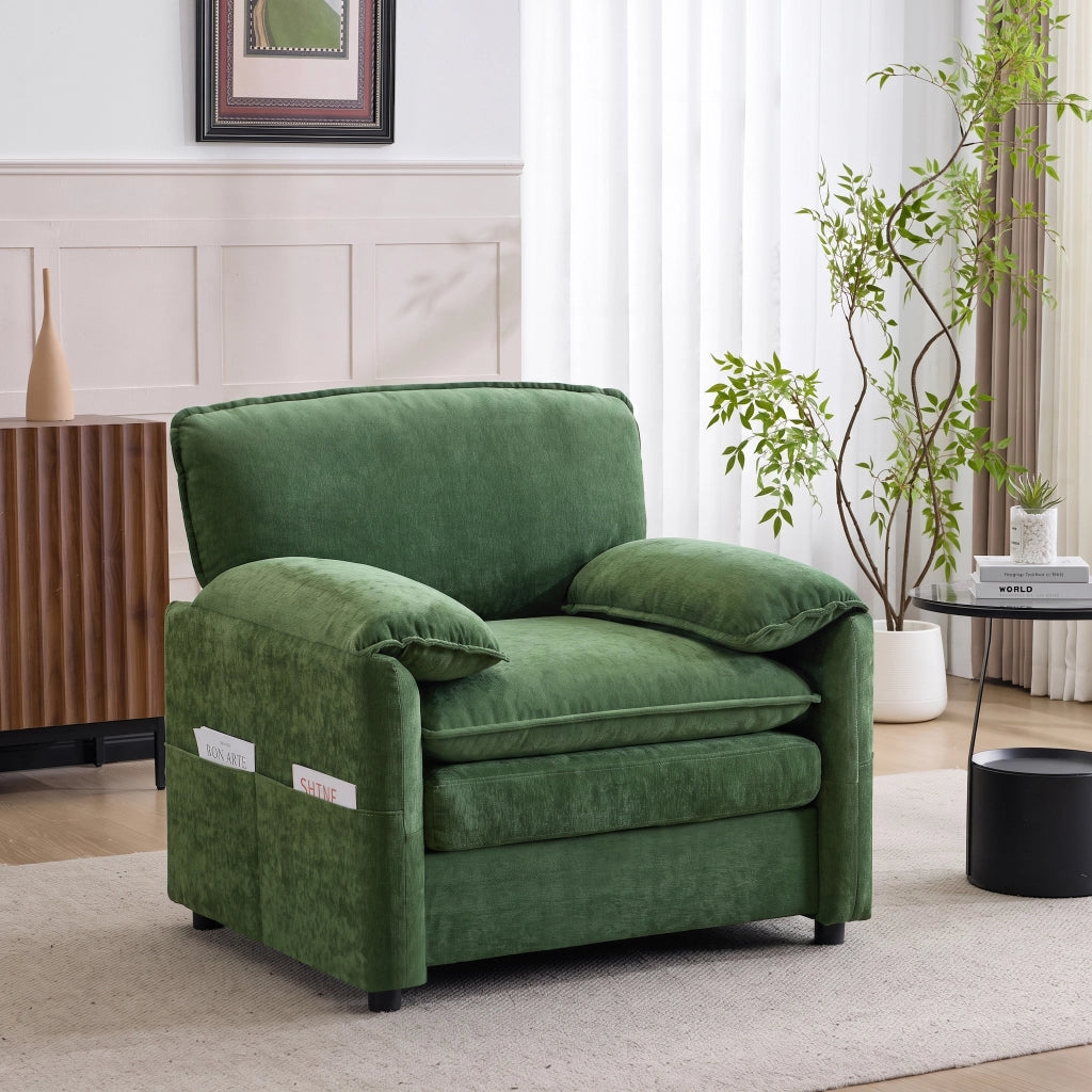 Poltrona divano retro con doppia tasca laterale in ciniglia, Verde 96 × 92 × 90 cm