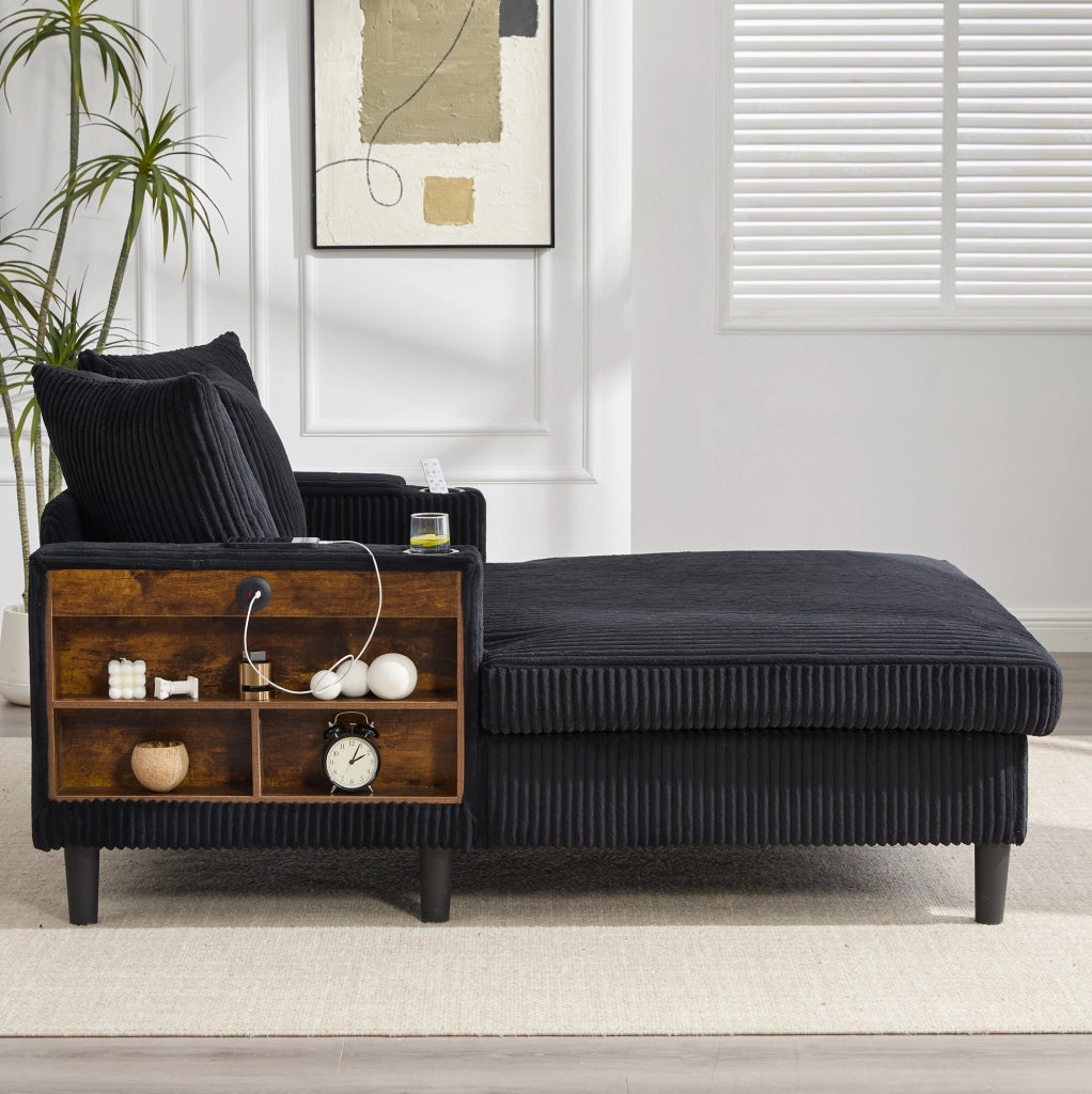 Chaise longue in velluto a coste nero con LED e USB
