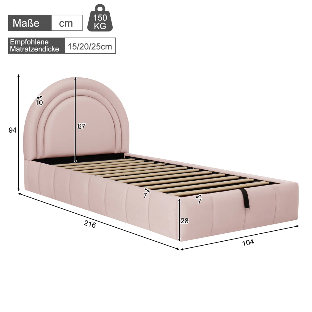 Letto Singolo Contenitore Imbottito ¨C MINIMAL ¨C Velluto Rosa 90x200, Testiera, Rete a Doghe, Idraulico