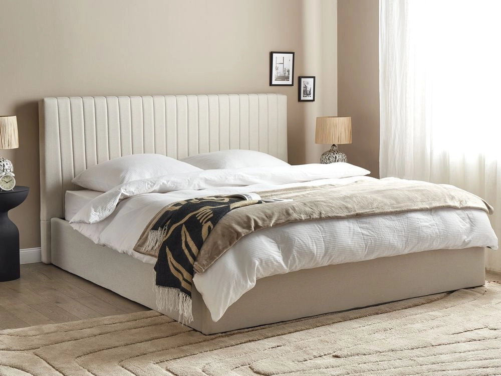 Letto con contenitore in tessuto beige 180 x 200 cm Testata imbottita