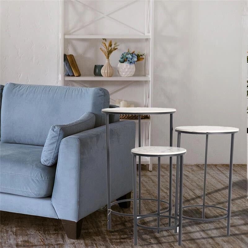 SET 3 TAVOLINI DECORATIVI A COLONNA 30X72H/25X62H/20X52H CM TONDI CON TOP BIANCO