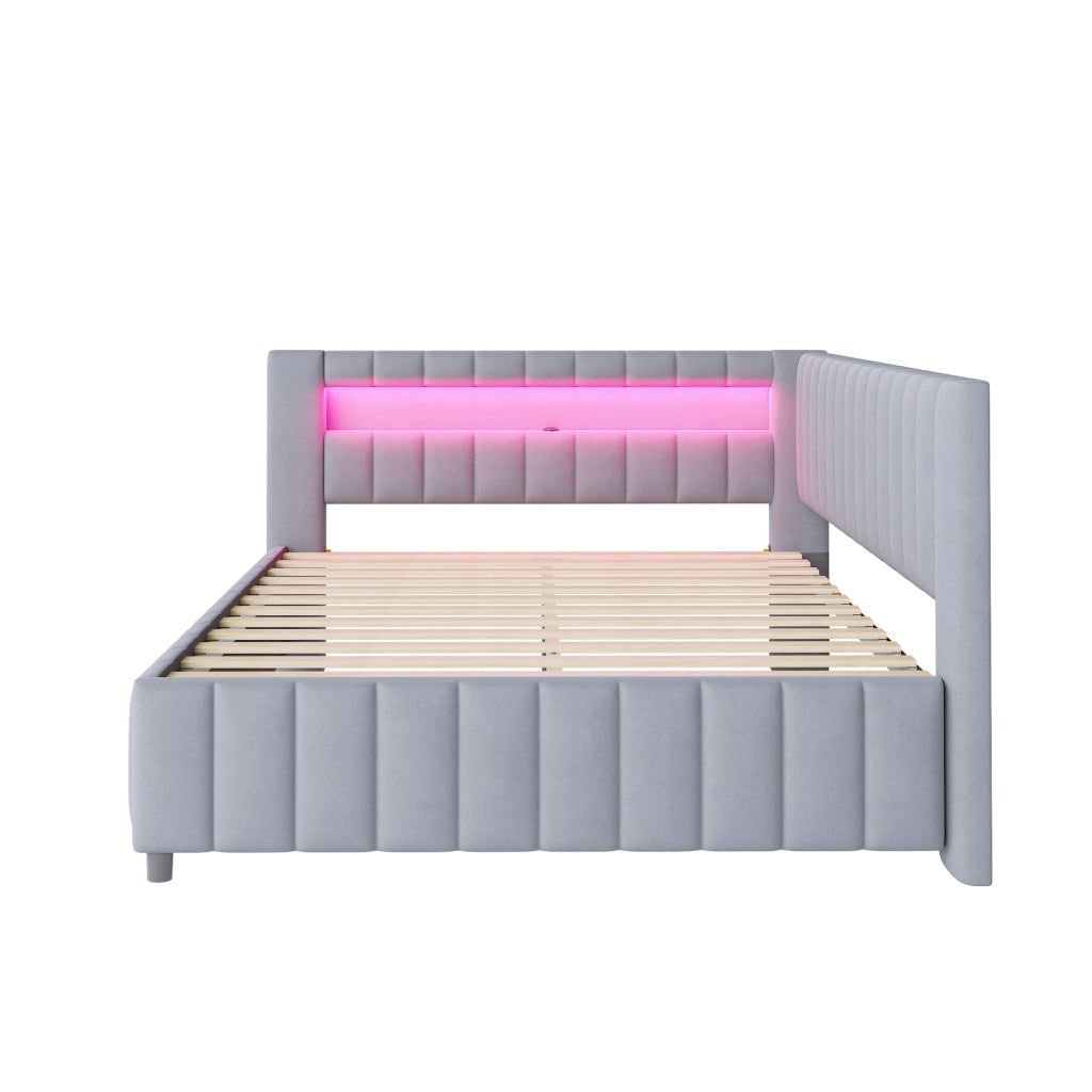 Letto divano imbottito 140 × 200 cm con luci LED, porta USB, schienale e testiera, senza materasso, grigio
