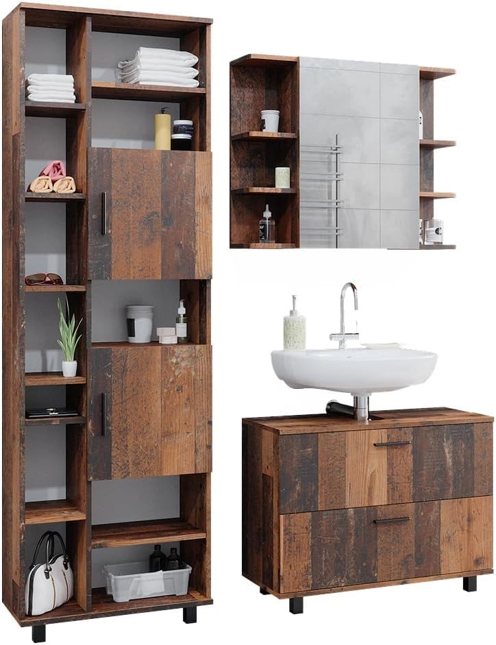 Set di mobili da bagno Ilias, Rovere rustico, 80.2 cm, composto da mobile sottolavabo, specchiera e colonna alta