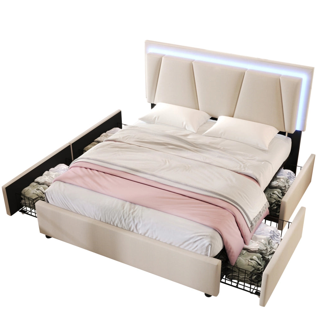 Letto matrimoniale imbottito 160x200 cm con LED; 4 cassetti e testiera regolabile; beige