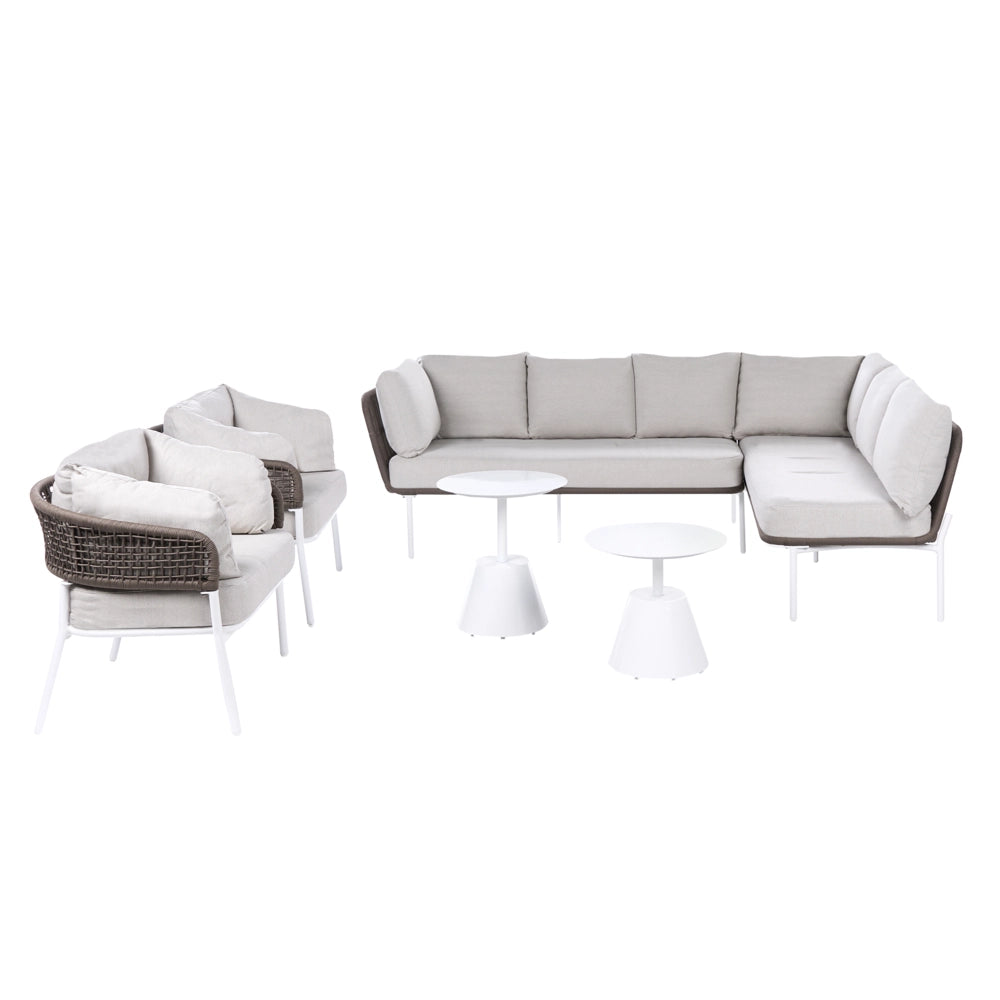 Set da salotto da giardino a 7 posti con divano angolare in corda intrecciata poltrone e 2 tavolini da caffè beige struttura in alluminio