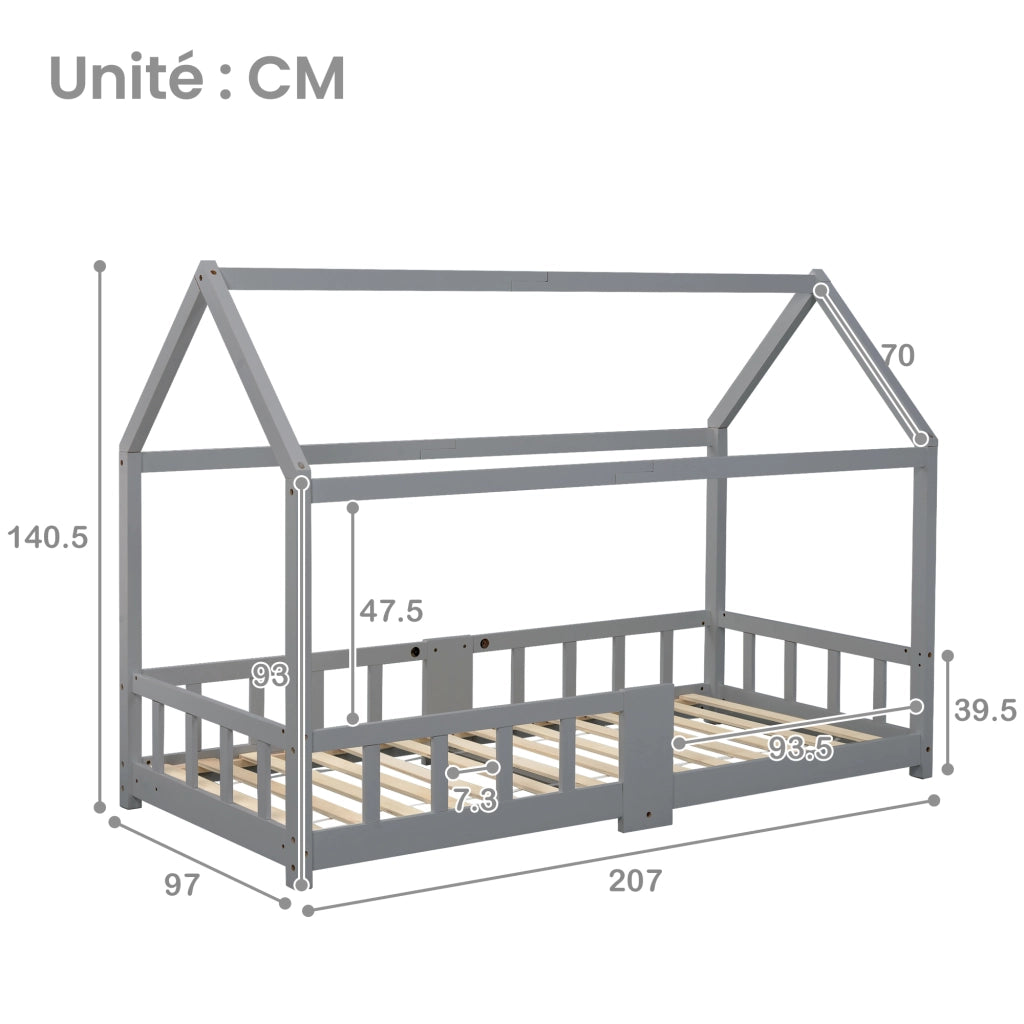 Letto Casetta 90×200 cm; Letto Singolo con Sponda di Sicurezza e Lavagna; senza Materasso; Grigio