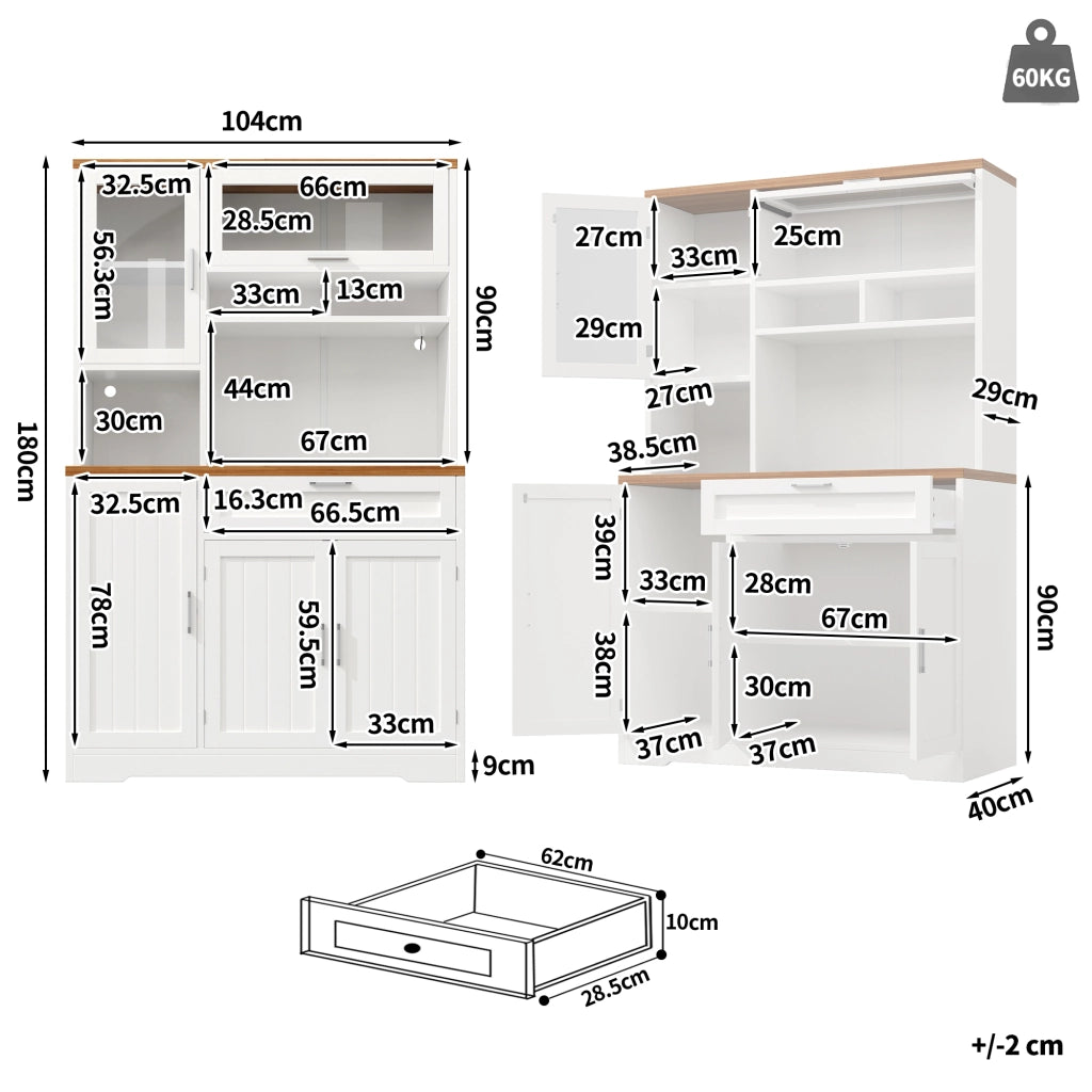 Vetrina da cucina alta con 5 ante e 1 cassetto con LED per cucina o soggiorno in MDF 104x40x180 cm Bianco