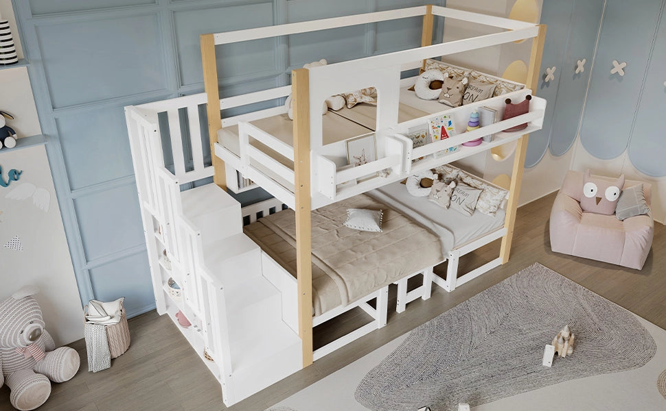 Letto a soppalco per bambini 90 × 200 cm con tavolo pieghevole, scala contenitore et sponde di sicurezza, senza materasso, bianco naturale