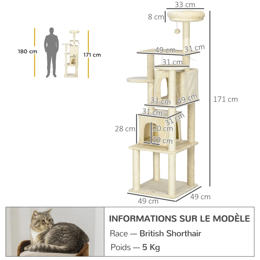 Tiragraffi per gatti con nicchie e piattaforme ¨C zephmum ¨C beige 171 cm