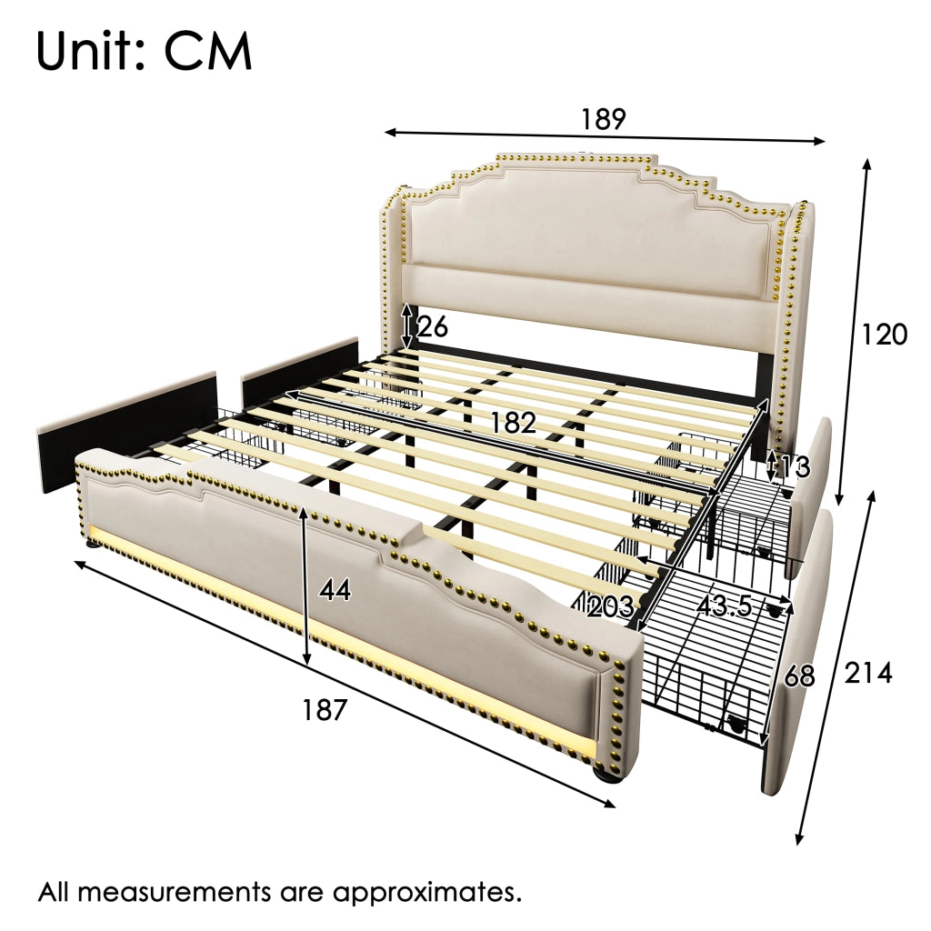 LETTO matrimoniale 180x200 cm in velluto beige con 4 cassetti, LED e USB-C