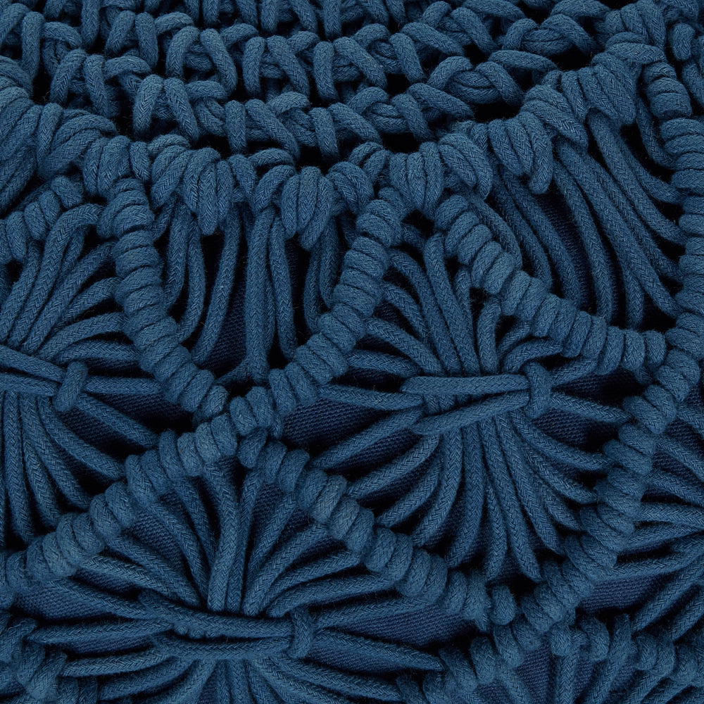 Pouf in cotone imbottito 50 x 30 cm blu scuro con motivo macramé stile boho per camera da letto o soggiorno