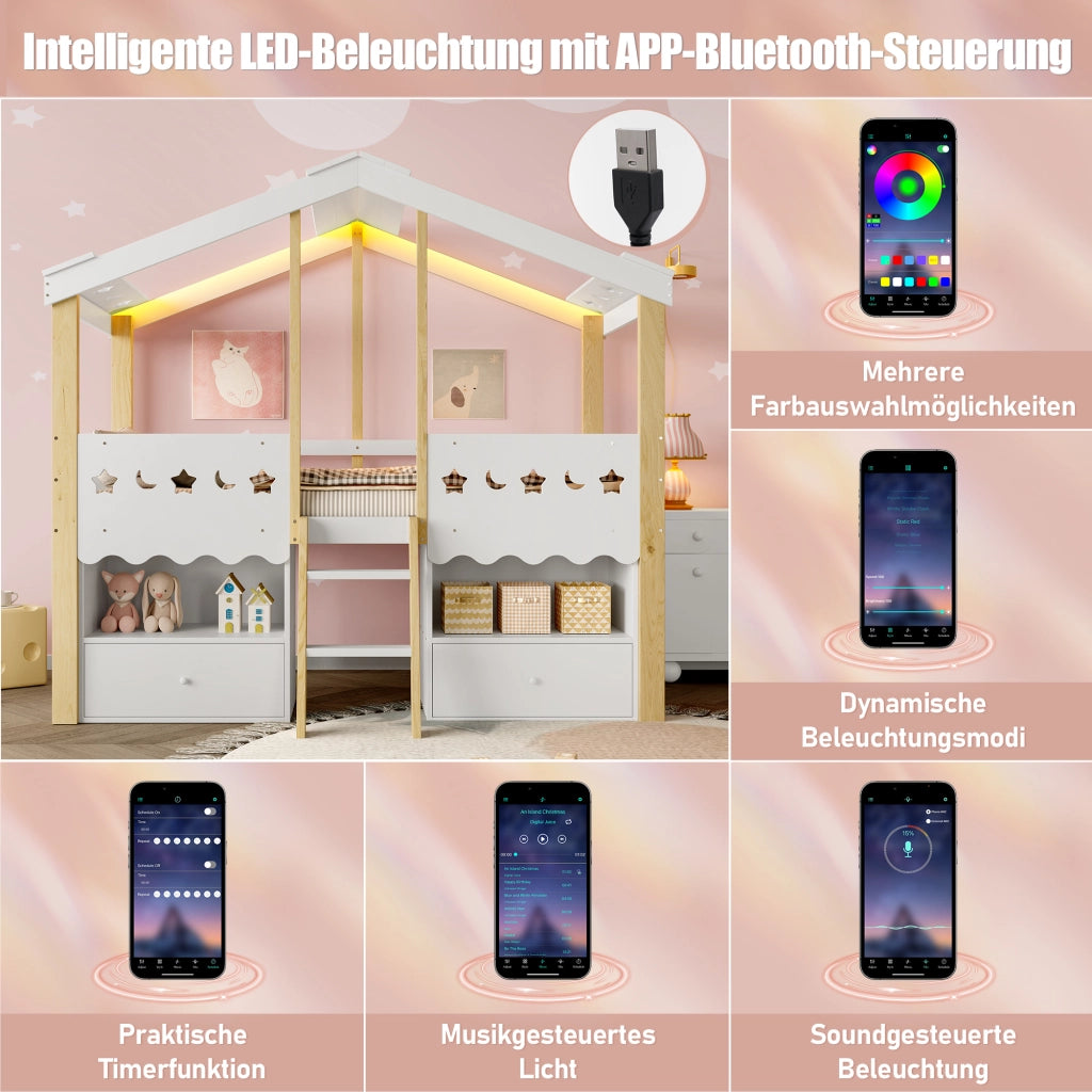 Letto alto a forma di casa bianco e naturale in pino con funzione LED e 2 cassetti 90x200 cm