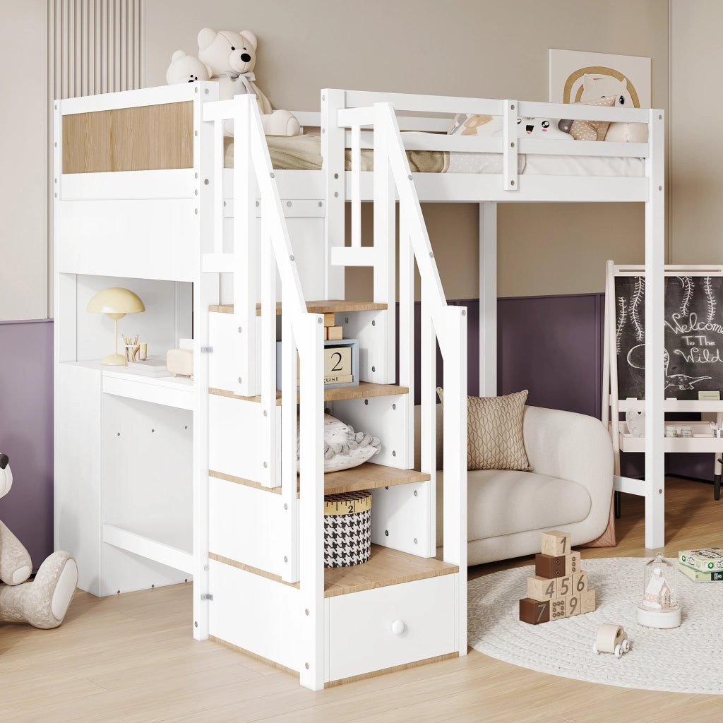 Letto a Castello 90x200 cm con Scrivania; 3 Cassetti; Scala Contenitore e Libreria