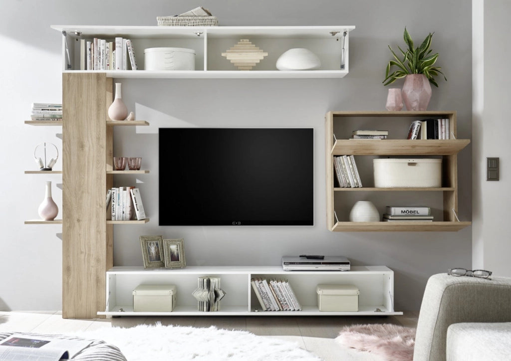 Parete Attrezzata Mobili Soggiorno Mobile TV Libreria 2 Pensili TFT Akira 1 Bianco e Cemento