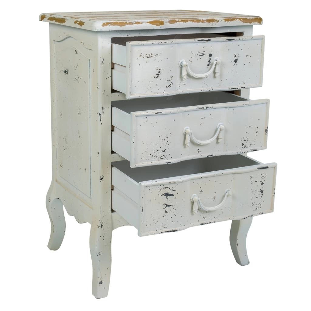 Comodino in legno laccato bianco invecchiato, dimensioni 50x40x70 cm.