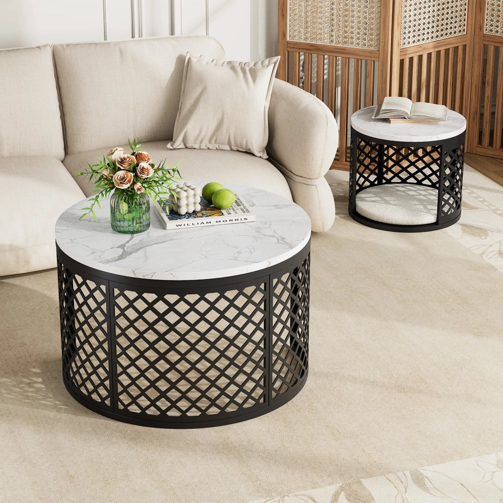 TAVOLINI DA CAFFÈ Set 2 Pezzi Rotondi 70x70x45 cm Bianco in MDF e Metallo