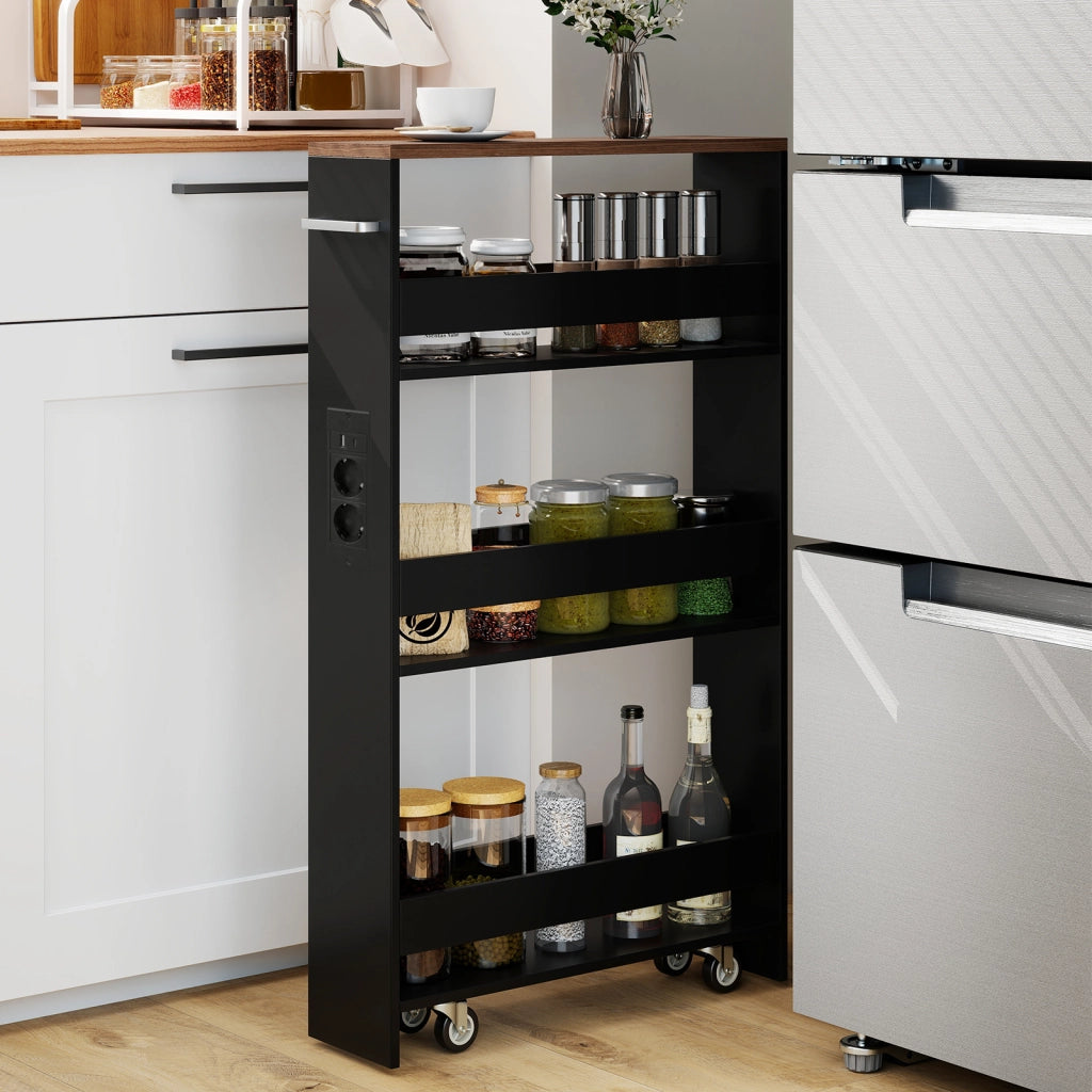 Carrello da cucina 4 ripiani con stazione di ricarica maniglia e parapetti-Scaffale stretto a sfilo con ruote bloccabili per cucina  Nero e noce