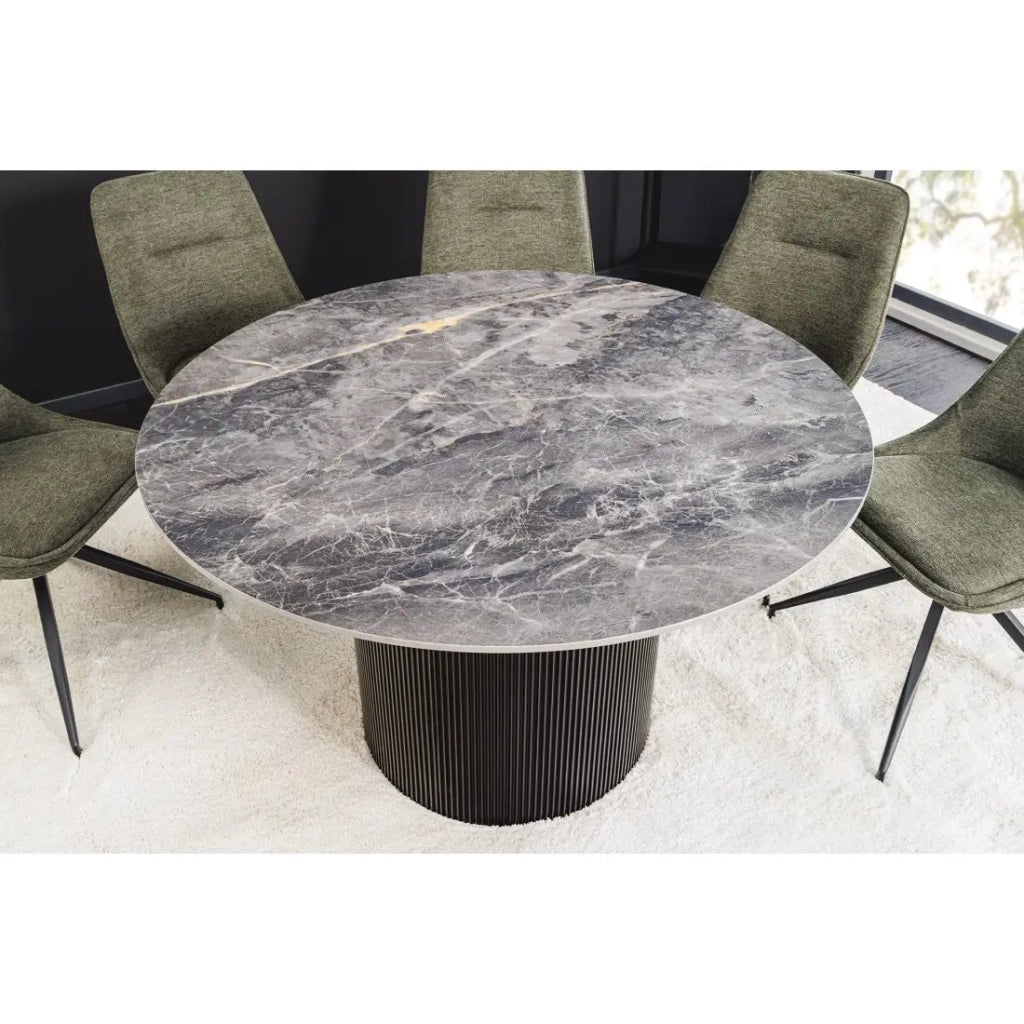 Tavolo da pranzo LUMEA – Rotondo 120 cm – Effetto marmo grigio scuro – Piede centrale largo – Stile contemporaneo