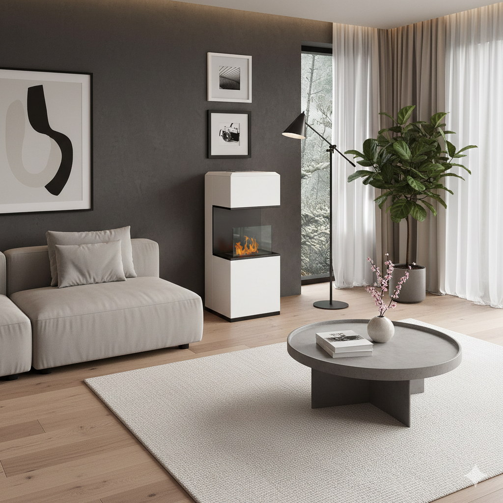 Camino a Bioetanolo da Pavimento 38x38x100 cm Bruciatore 1,2L Bianco