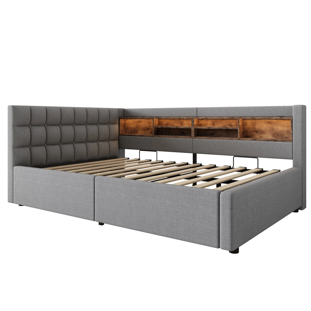 Letto contenitore 140x200 cm con LED dimmerabile; mensole e USB; lino e MDF; beige