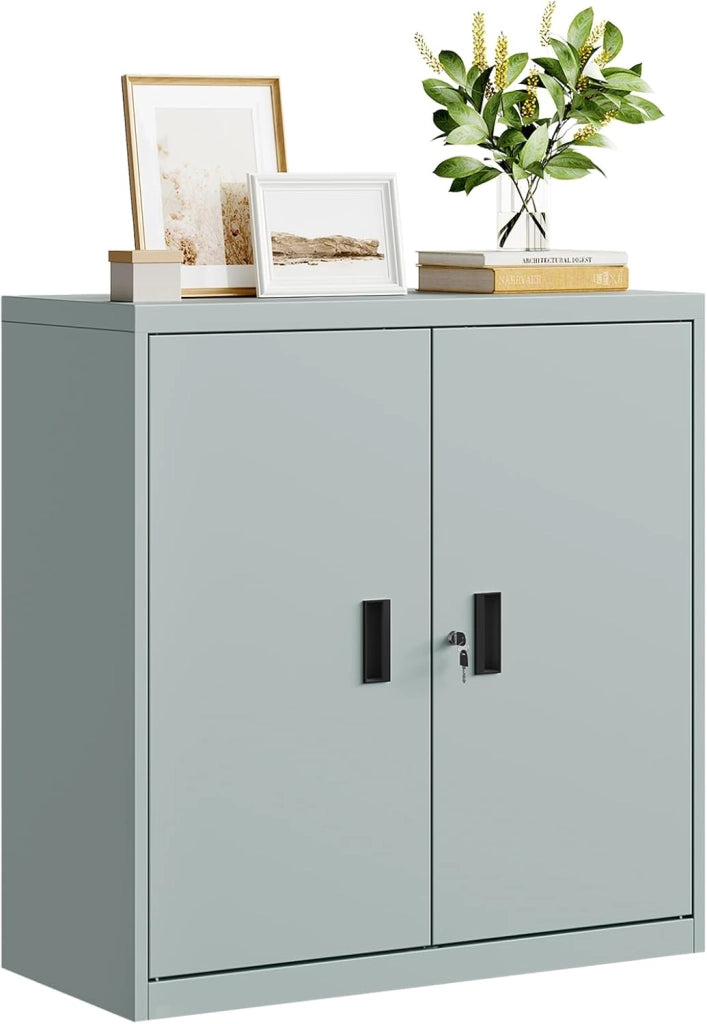 Armadio per Archiviazione con Serratura e Ripiano Regolabile in Altezza, Armadio Multiuso per Ufficio in Metallo, Grigio, L90xH92xP40 cm, ASK12gr
