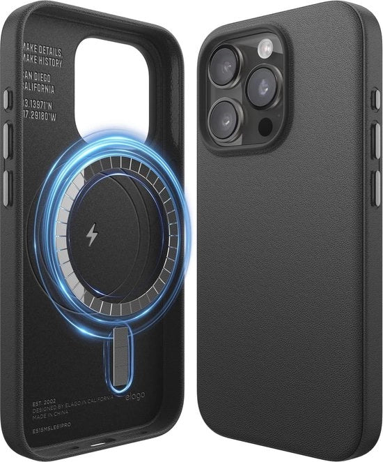 Casella magnetica in pelle vegetale per iPhone 15 Pro - Pelle PU vegetale, Magneti forti, Protezione completa del corpo