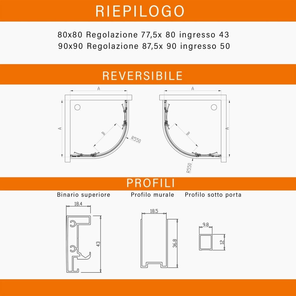 Box doccia semicircolare opaco tondo acidato h195 6mm icon, misura 90x90