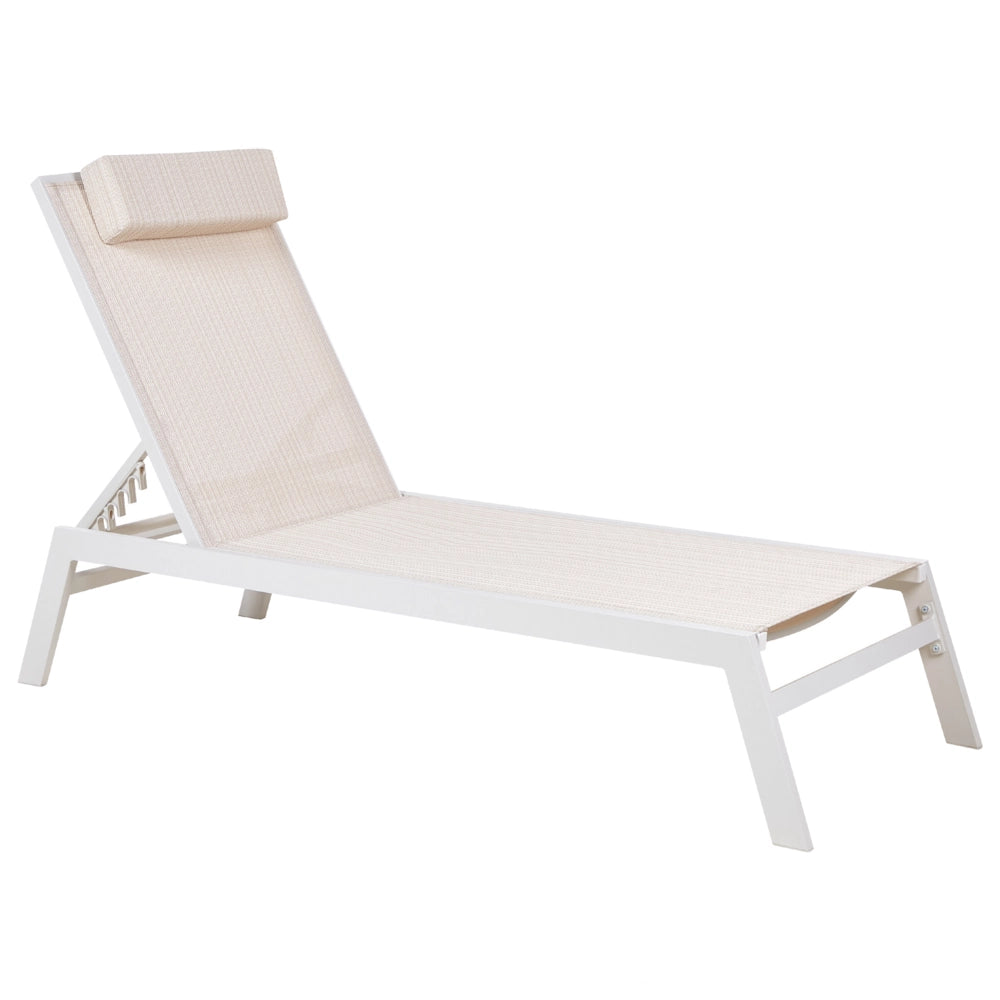Lettino prendisole beige cuscino poggiatesta struttura in alluminio bianco reclinabile giardino esterno
