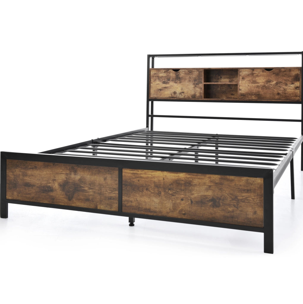 Letto matrimoniale 140x200 cm; testiera contenitore; metallo e MDF; colore naturale (Senza materasso)